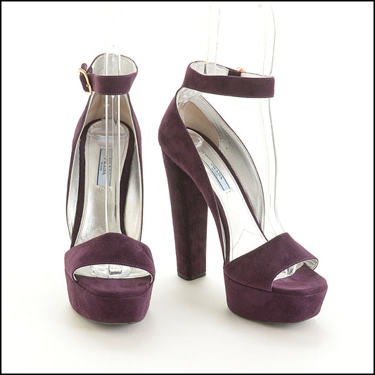 RDC15541 PRADA Deep Purple Suede Ankle Wrap Platform Heels Size 40