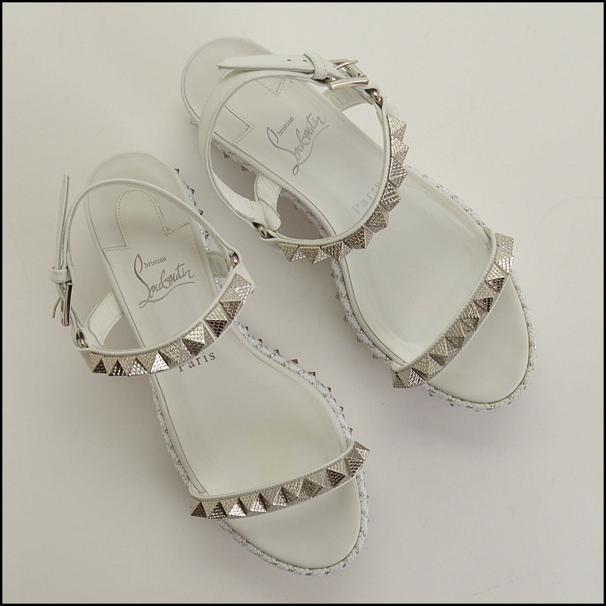 RDC15655 CHRISTIAN LOUBOUTIN White Leather Silver Studs Pyraclou Wedge Sandals Size 37