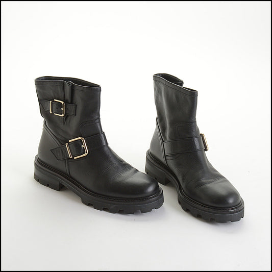 RDC14627 JIMMY CHOO Black Leather Youth Moto Boots Size 37.5