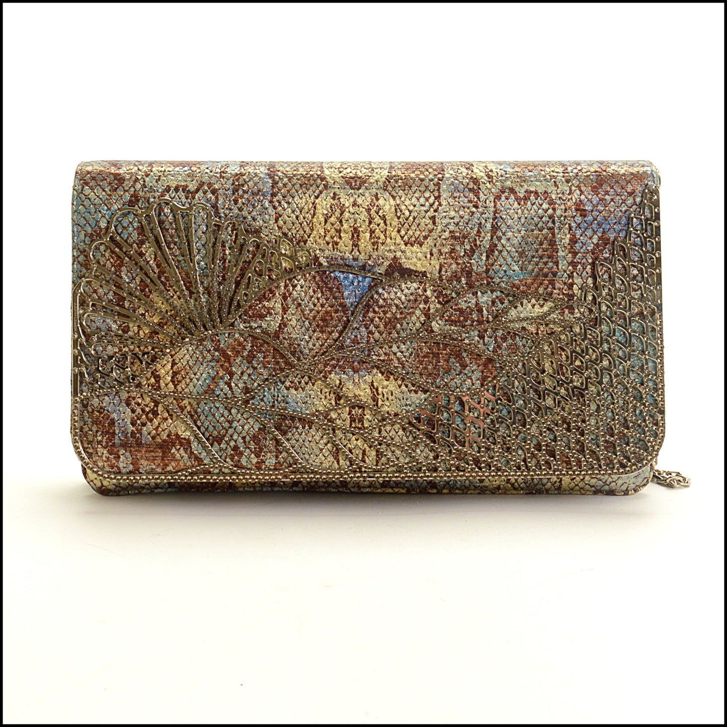 RDC15263 JUDITH LEIBER Multicolor Snake Print Fabric Crystal Leaf Flap Bag