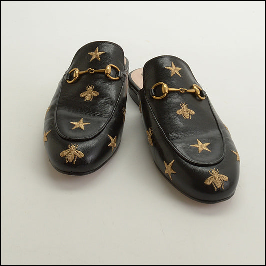 RDC15306 GUCCI Black and Gold Princetown Bee and Star Embroidered Horsebit Loafer Mule Size 39