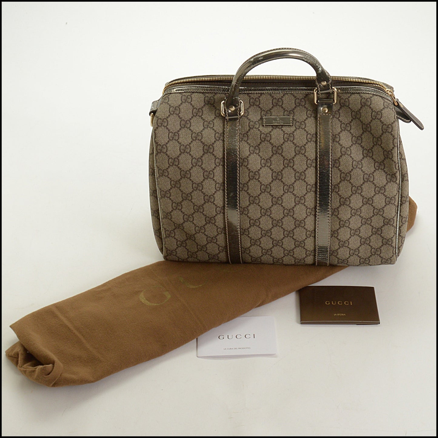 RDC15180 GUCCI Vintage Brown GG Supreme Silver Leather Boston Bag