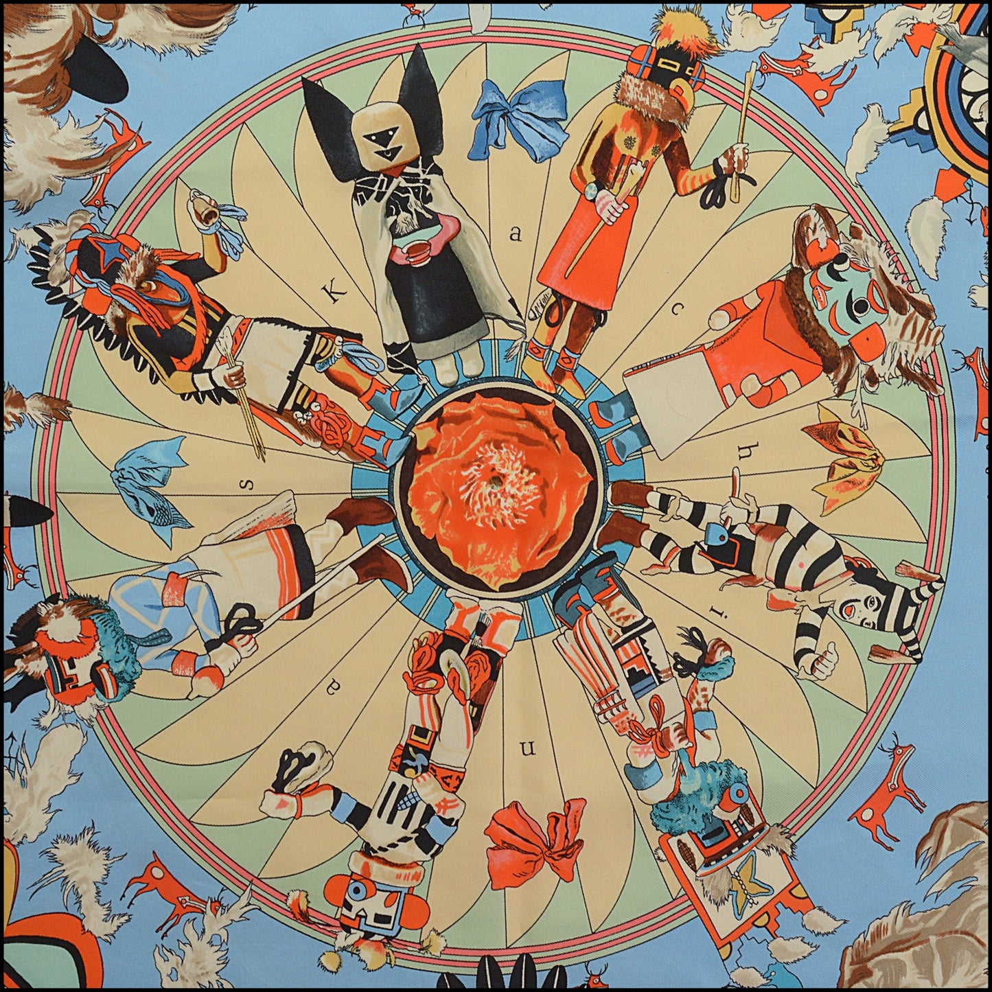 RDC15417 HERMES Blue Kachinas Kermit Oliver Silk Scarf 90cm