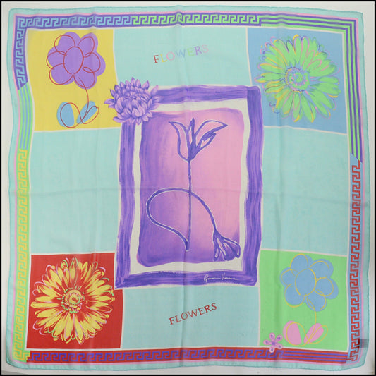 RDC14799 GIANNI VERSACE Vintage Greek Key Flowers Silk Chiffon Scarf