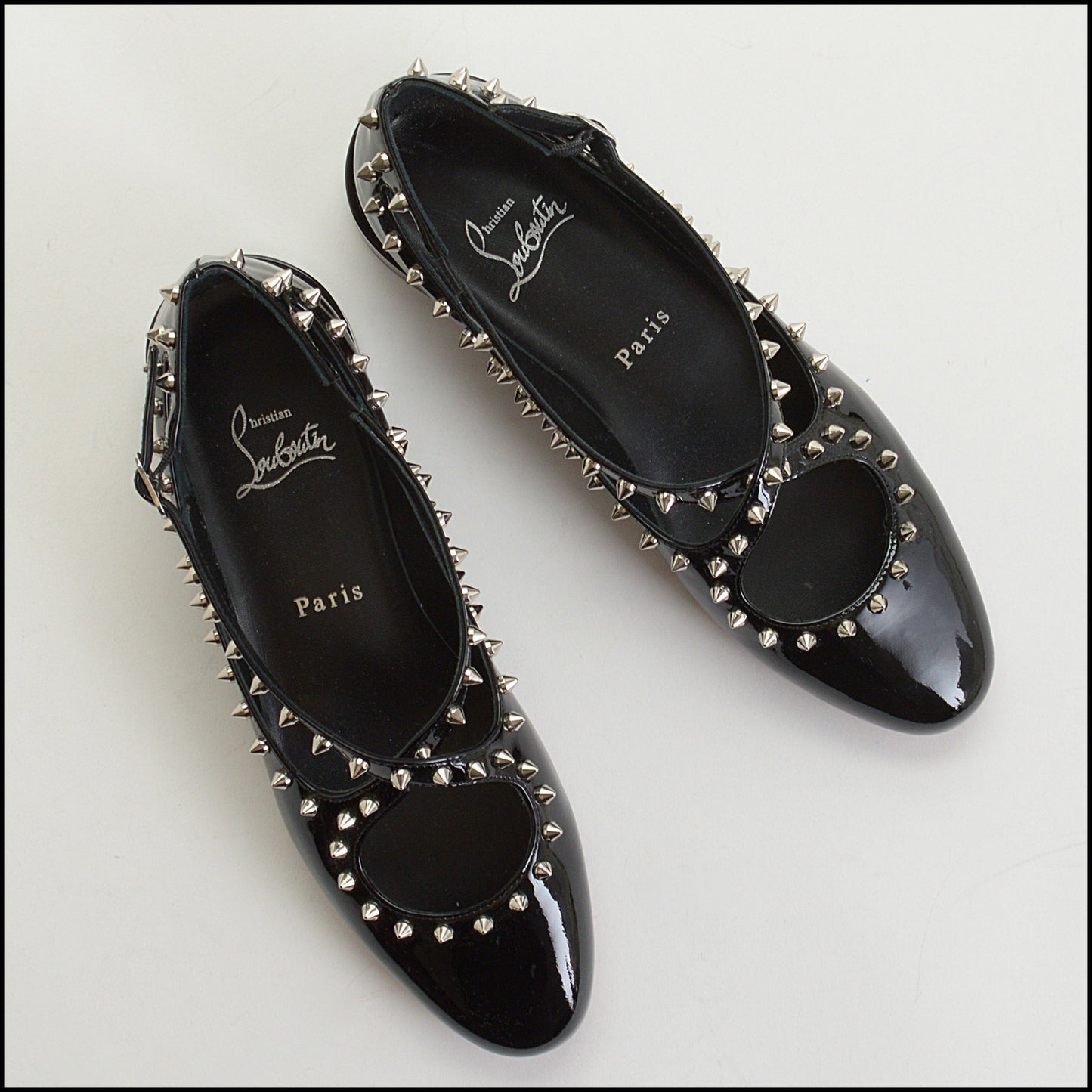 RDC14558 CHRISTIAN LOUBOUTIN Black Patent Leather Studded Pilouta Jane Flats Size 37
