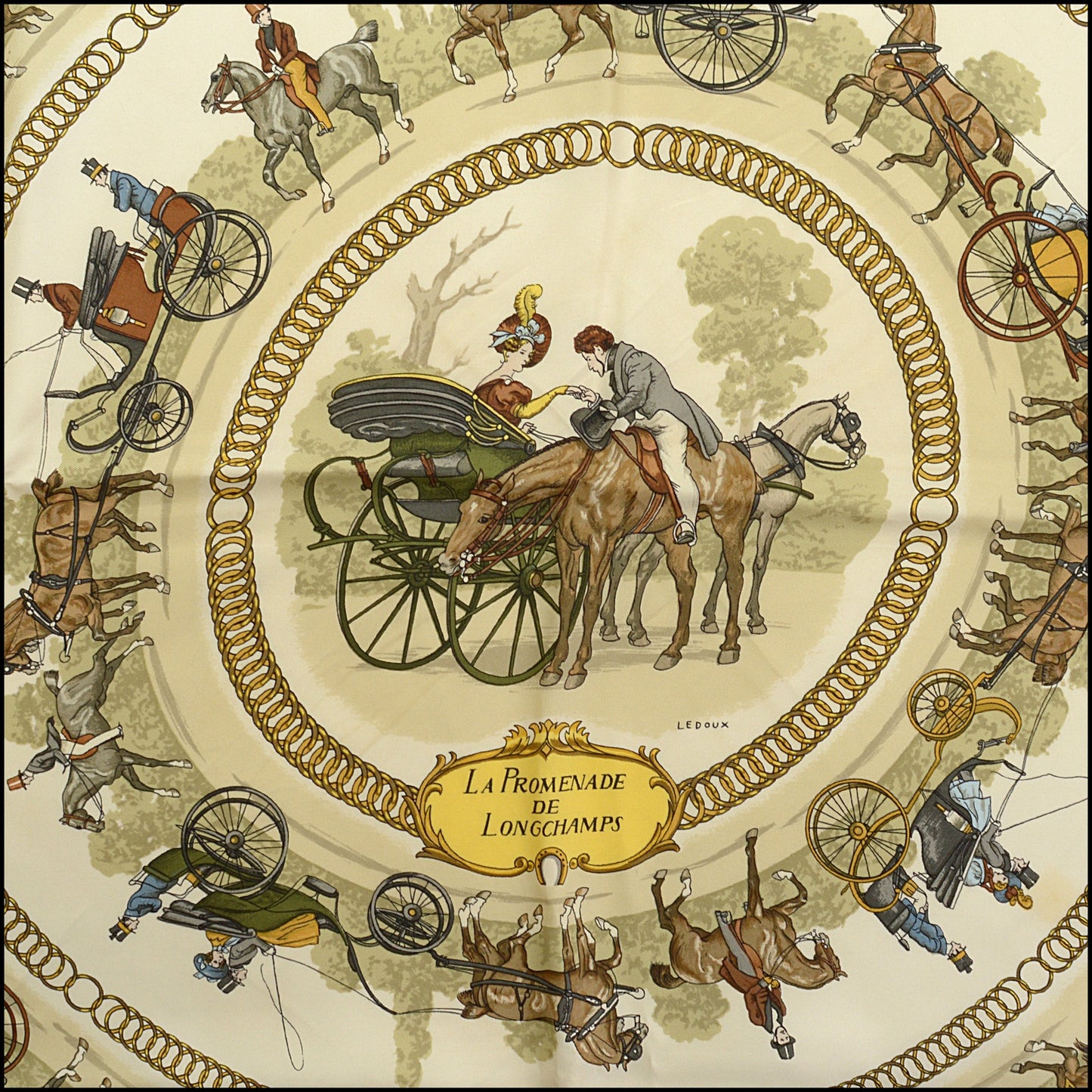 RDC15094 HERMES Vintage Pink/White "La Promenade de Longchamp" 90 Silk Scarf