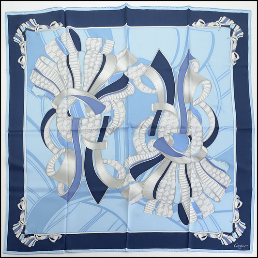 RDC14253 Authentic CARTIER Blue / Silver Jeweled Ribbons 90cm Silk Scarf