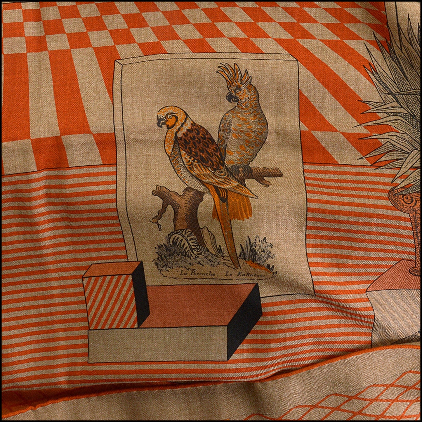 RDC14923 HERMES Orange/Beige Cashmere Silk "Grand Theatre Nouveau" 140 Large Shawl/Scarf