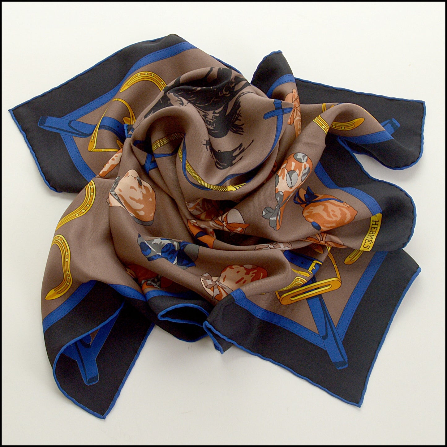 RDC15456 HERMES '15 Black/Blue/Taupe "Jockey" 70cm Silk Scarf