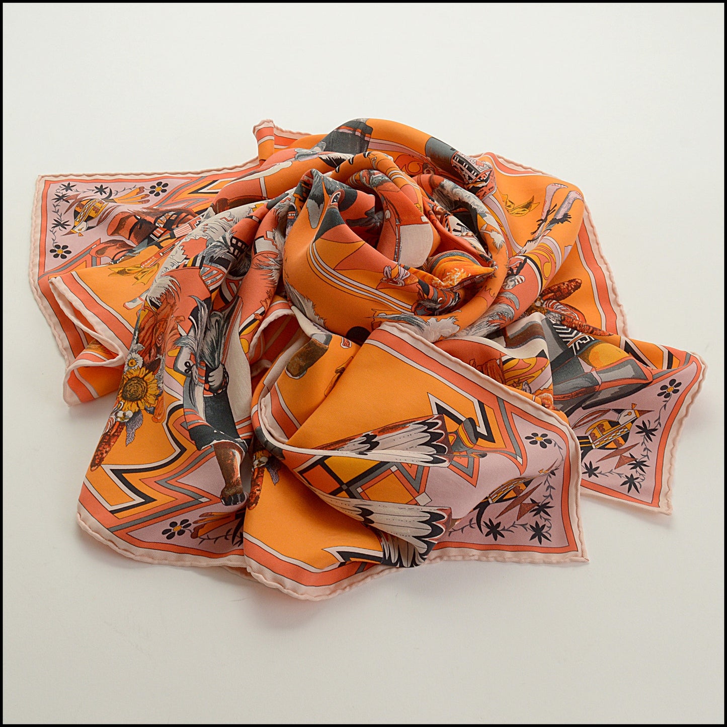 RDC15455 HERMES Orange Kachinas Silk Scarf 90cm Kermit Oliver