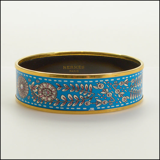 RDC15438 HERMES Blue Floral Printed Enamel Wide Bangle Size S T2