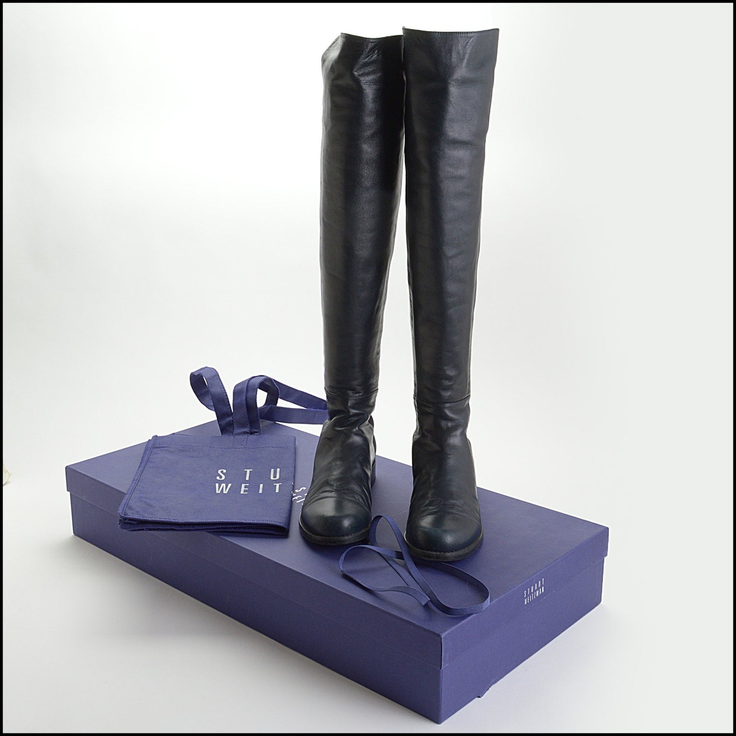 RDC14428 Stuart Weitzman Navy Nappa Leather/Black Stretch Knee-High Boots