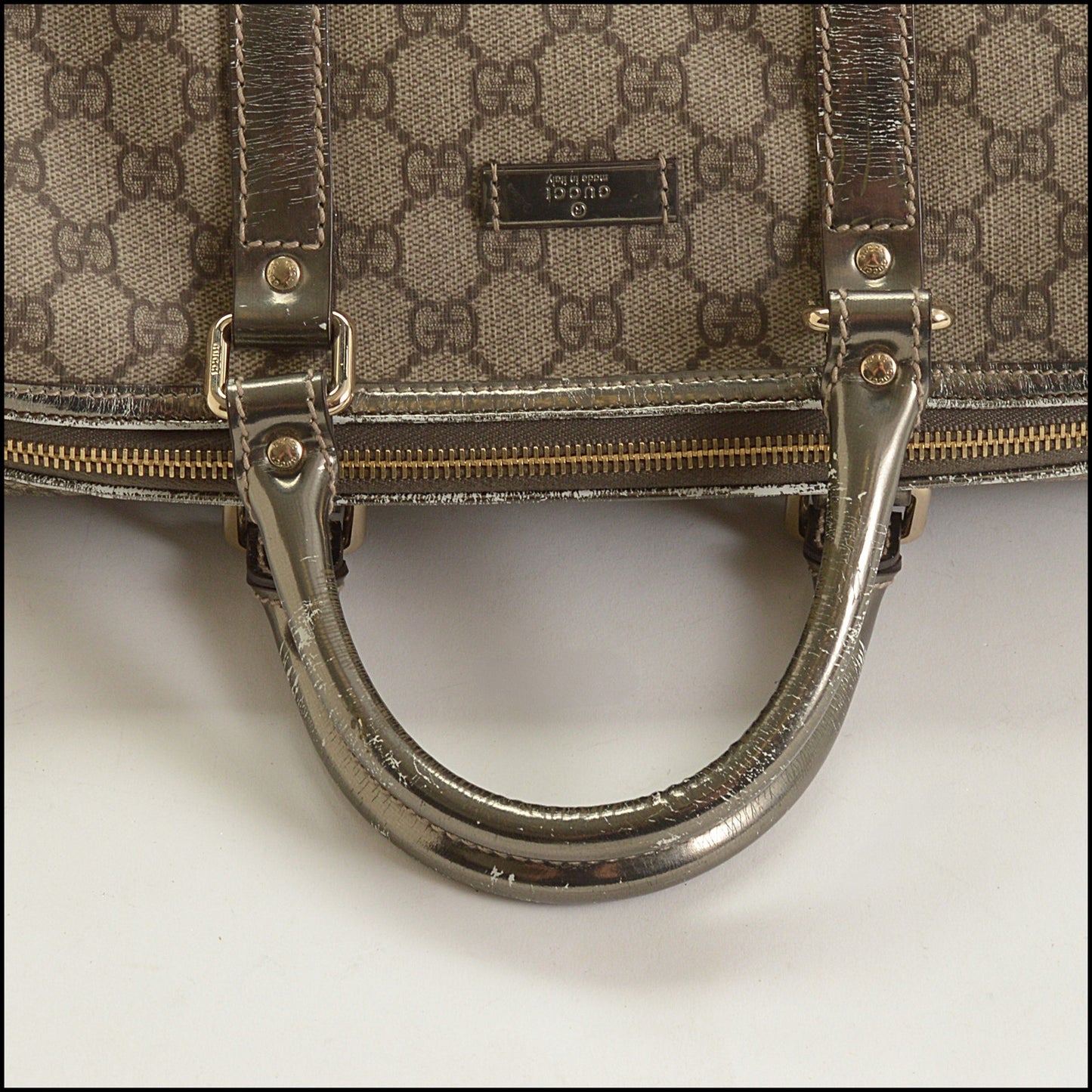 RDC15180 GUCCI Vintage Brown GG Supreme Silver Leather Boston Bag