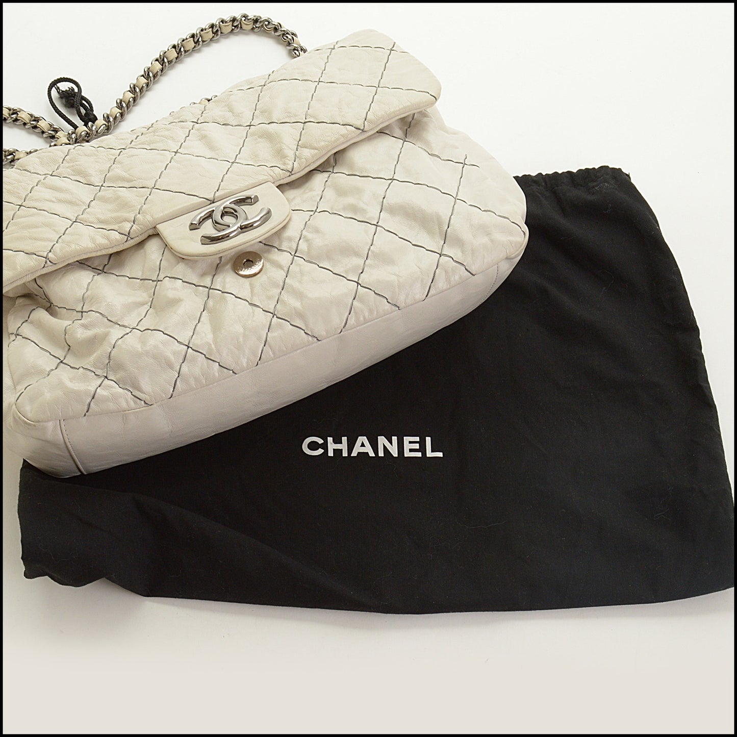 RDC15347 CHANEL '10 Dark White Double Stitch Classic Jumbo Flap Bag