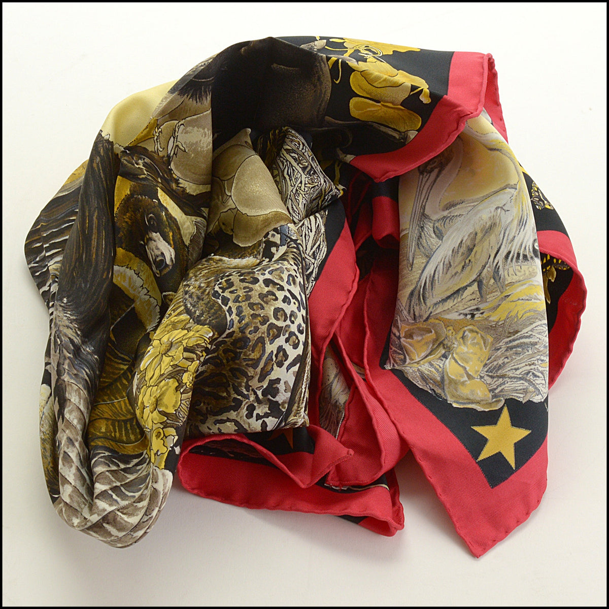 RDC15688 HERMES Black/Red/Gold ''Faune et Flore du Texas'' Carre 90 Silk Scarf Kermit Oliver