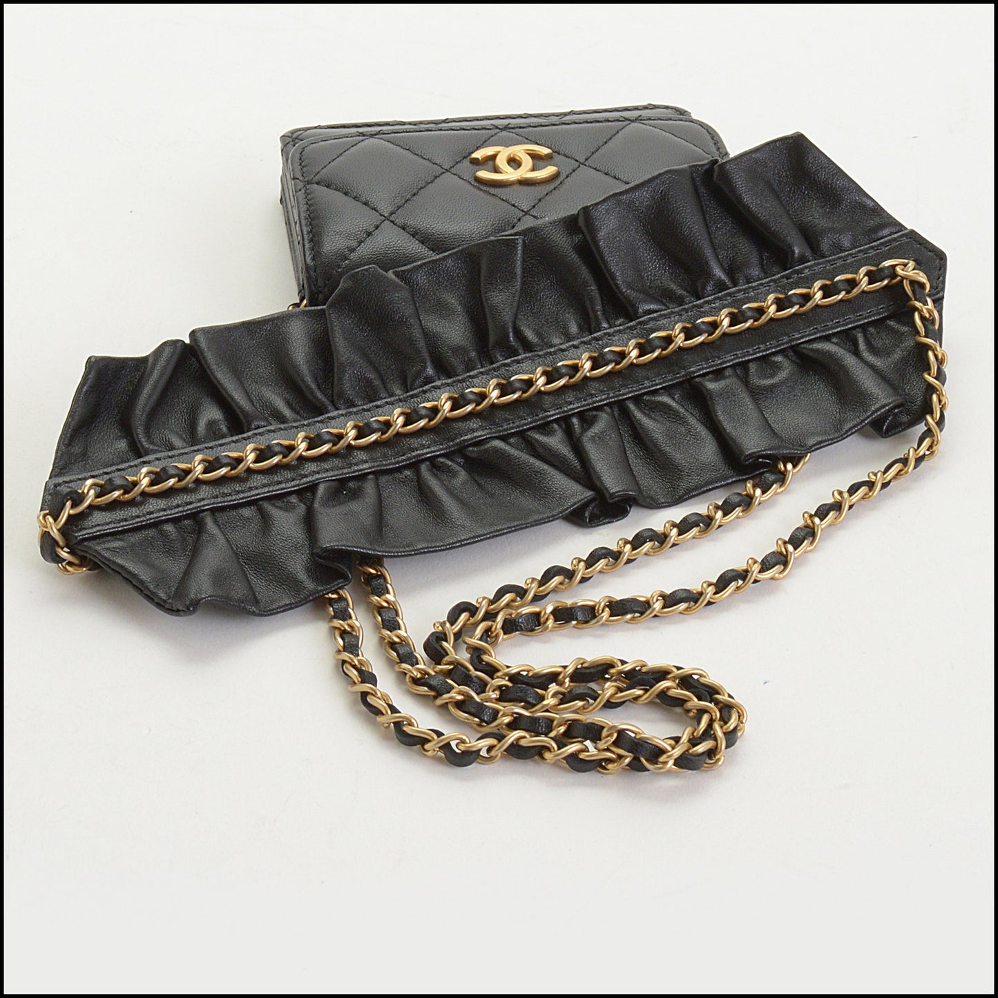 RDC14764 CHANEL '20 Black Lambskin Romance Ruffle Chain Card Wallet