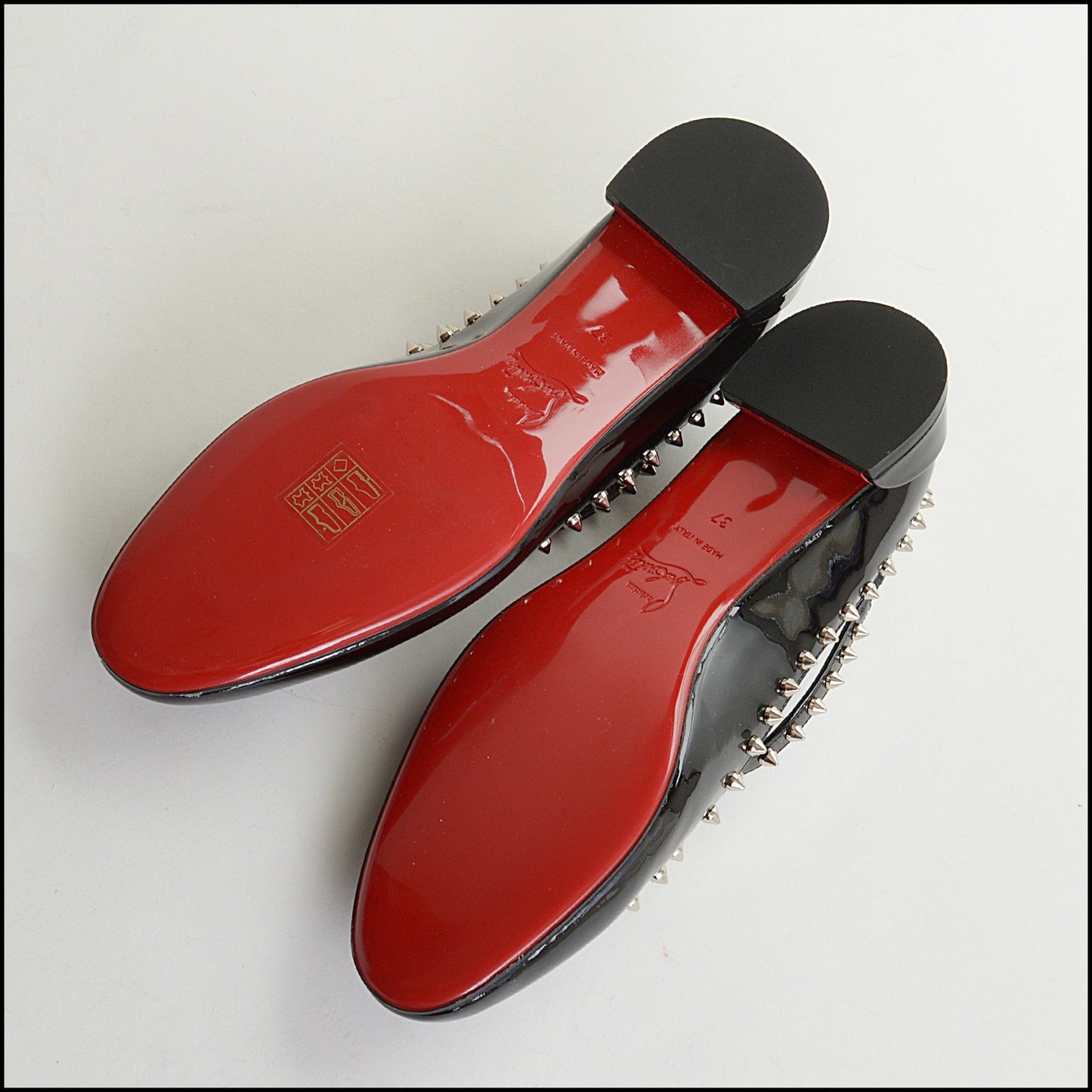 RDC14558 CHRISTIAN LOUBOUTIN Black Patent Leather Studded Pilouta Jane Flats Size 37