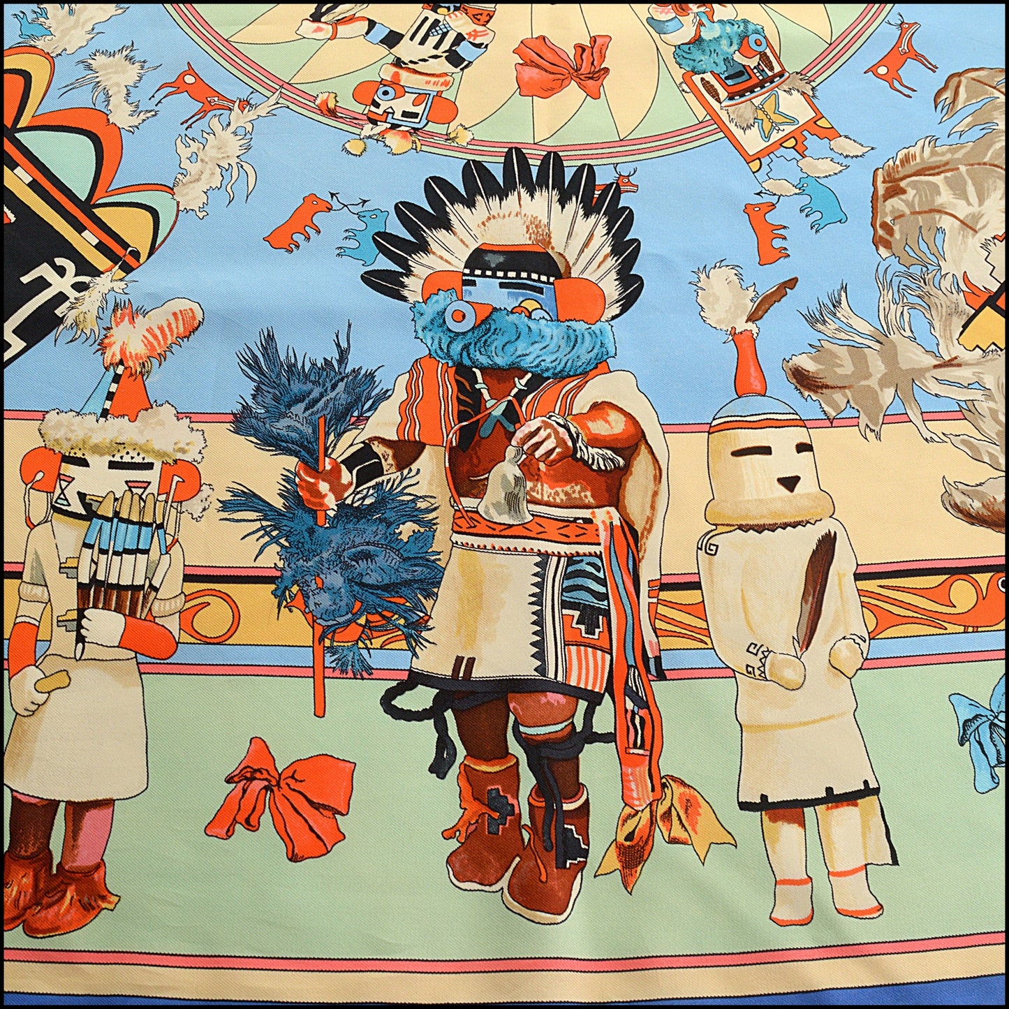 RDC15417 HERMES Blue Kachinas Kermit Oliver Silk Scarf 90cm