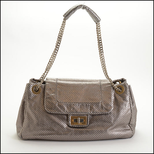 RDC14546 CHANEL Silver Perforated Leather Drill Accordian Flap Bag
