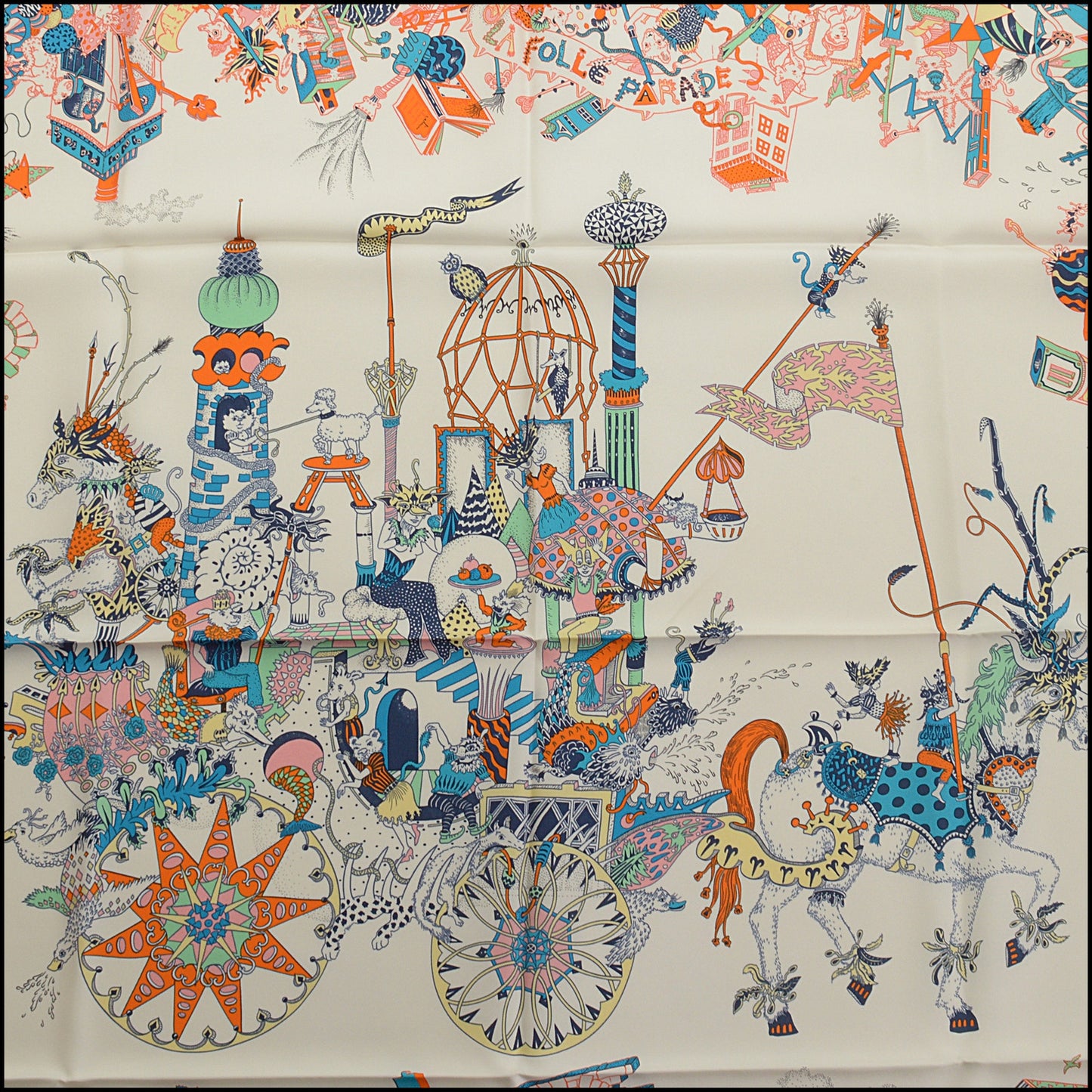 RDC15458 HERMES '20 Orange/White "La Folle Parade" Silk Scarf 90cm