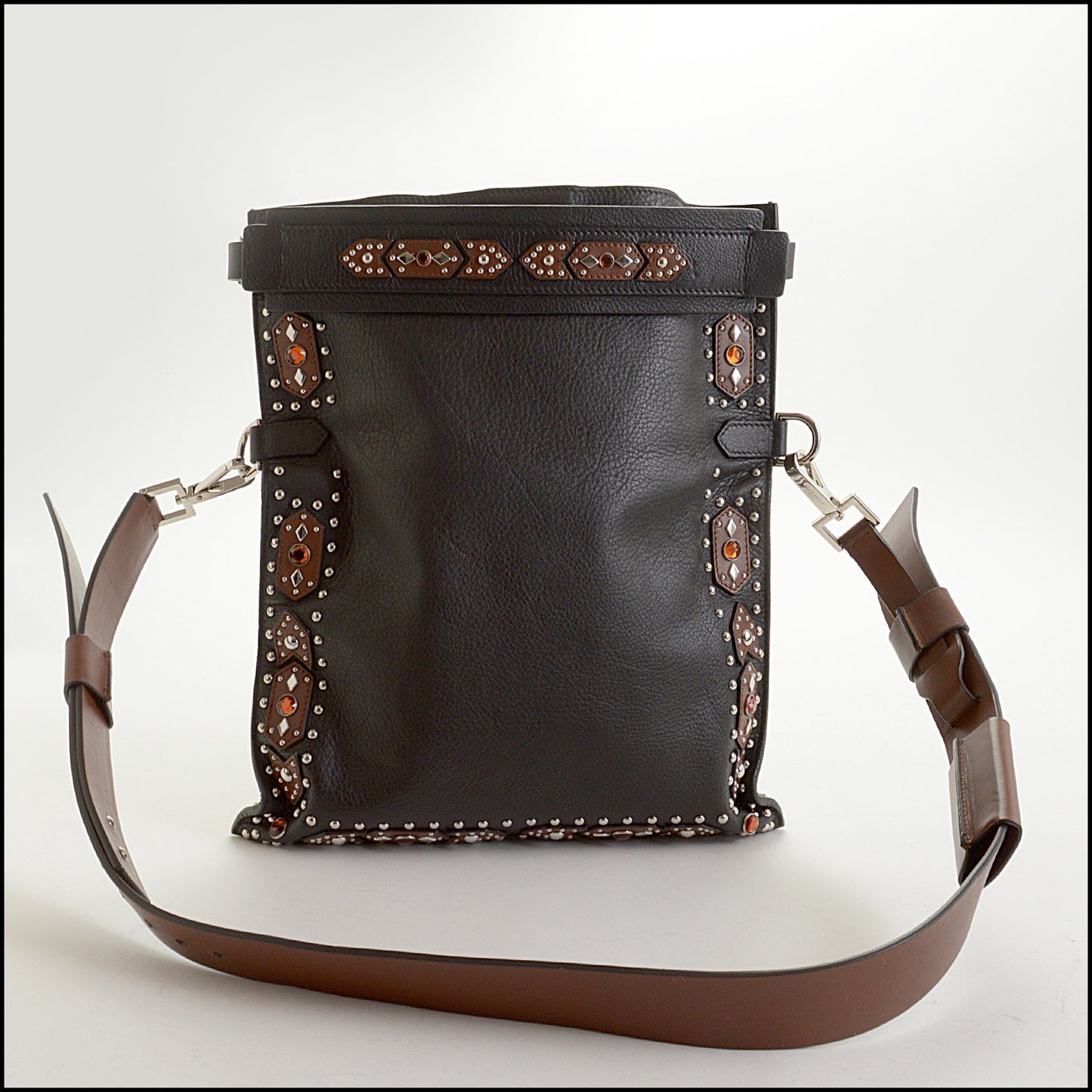 RDC14982 GIVENCHY Black/Brown Studded Fold-Over Clutch Shoulder Bag