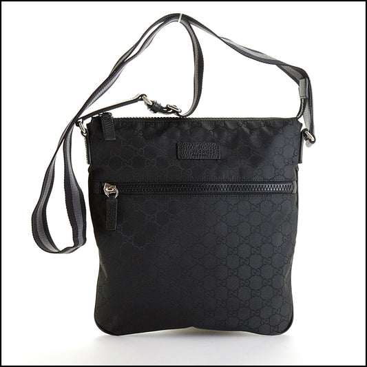 RDC14604 GUCCI Black GG Nylon Grey-Stripe Strap Crossbody Bag
