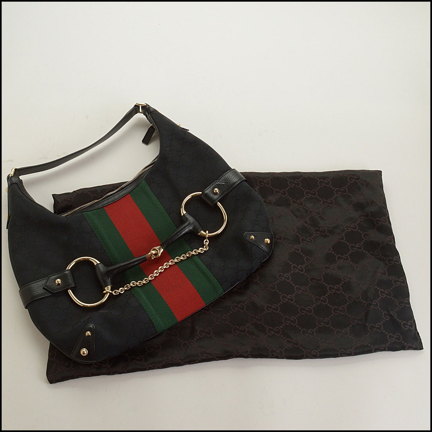 RDC15595 GUCCI Black GG Canvas Red/Gree Web Stripe Horsebit Hobo Bag