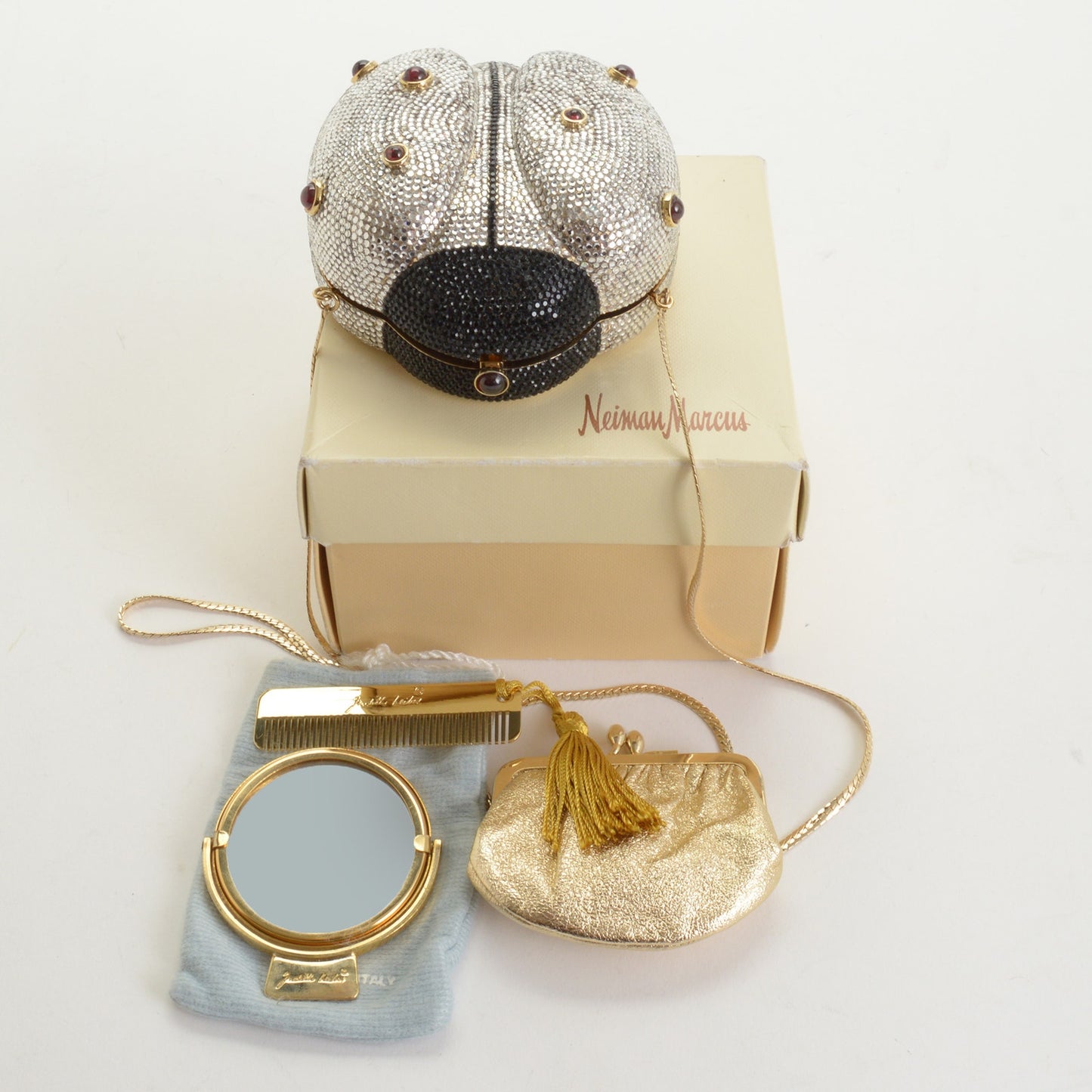 .RDC14737 Judith Leiber Silver & Black Swarovski Crystal Minaudiere Ladybug Bag