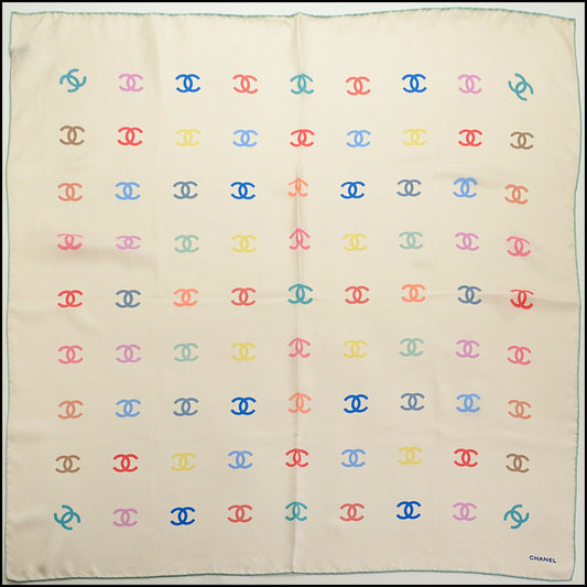 RDC15052 CHANEL "21 Ivory / Multicolor CC Logo Silk Twill Square Scarf