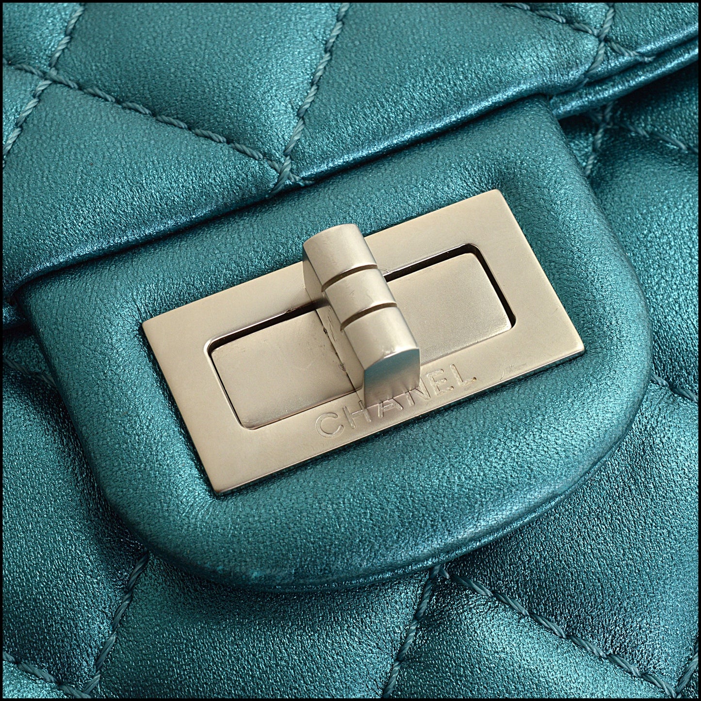RDC14970 CHANEL '08-09 Teal Metallic Reissue Flap Clutch Snake Chain Shoulder Bag