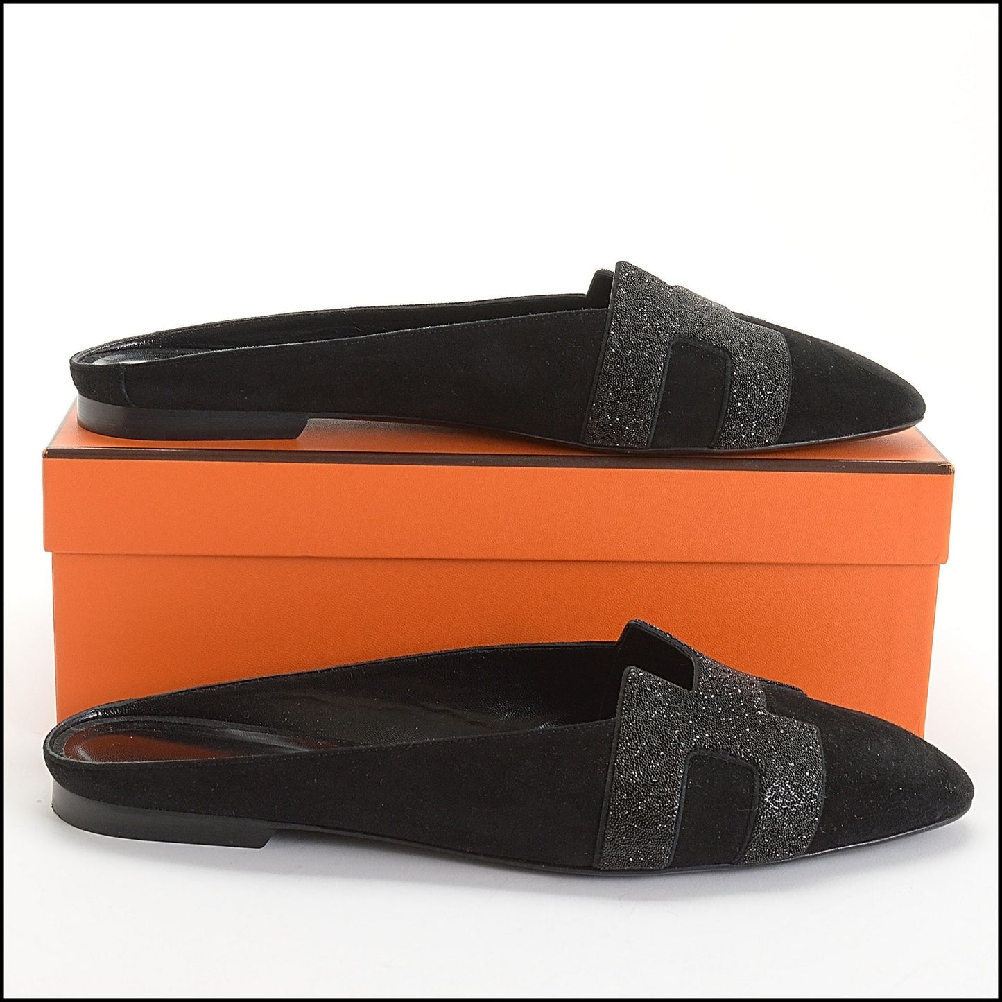 RDC14127 Authentic HERMES Black Suede Micro Crystal Roxane Mules Size 9.5