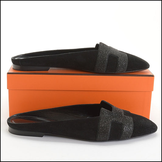 RDC14127 Authentic HERMES Black Suede Micro Crystal Roxane Mules Size 9.5