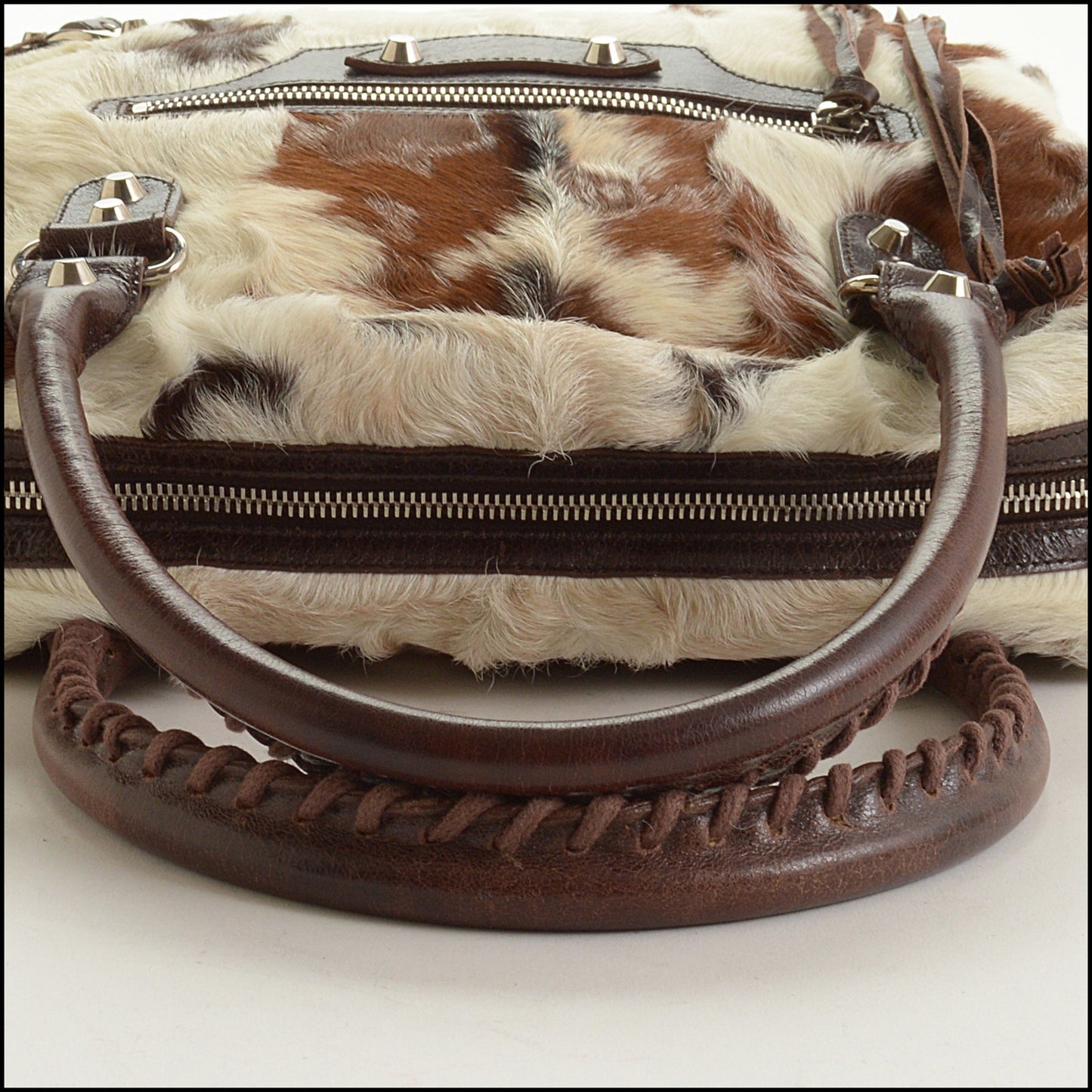 RDC15346 BALENCIAGA '06 Marron Dark Brown Whole Goat Chevre Leather and Fur Bowling Handbag