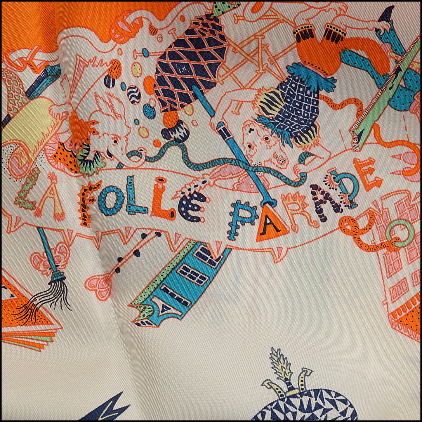 RDC15458 HERMES '20 Orange/White "La Folle Parade" Silk Scarf 90cm