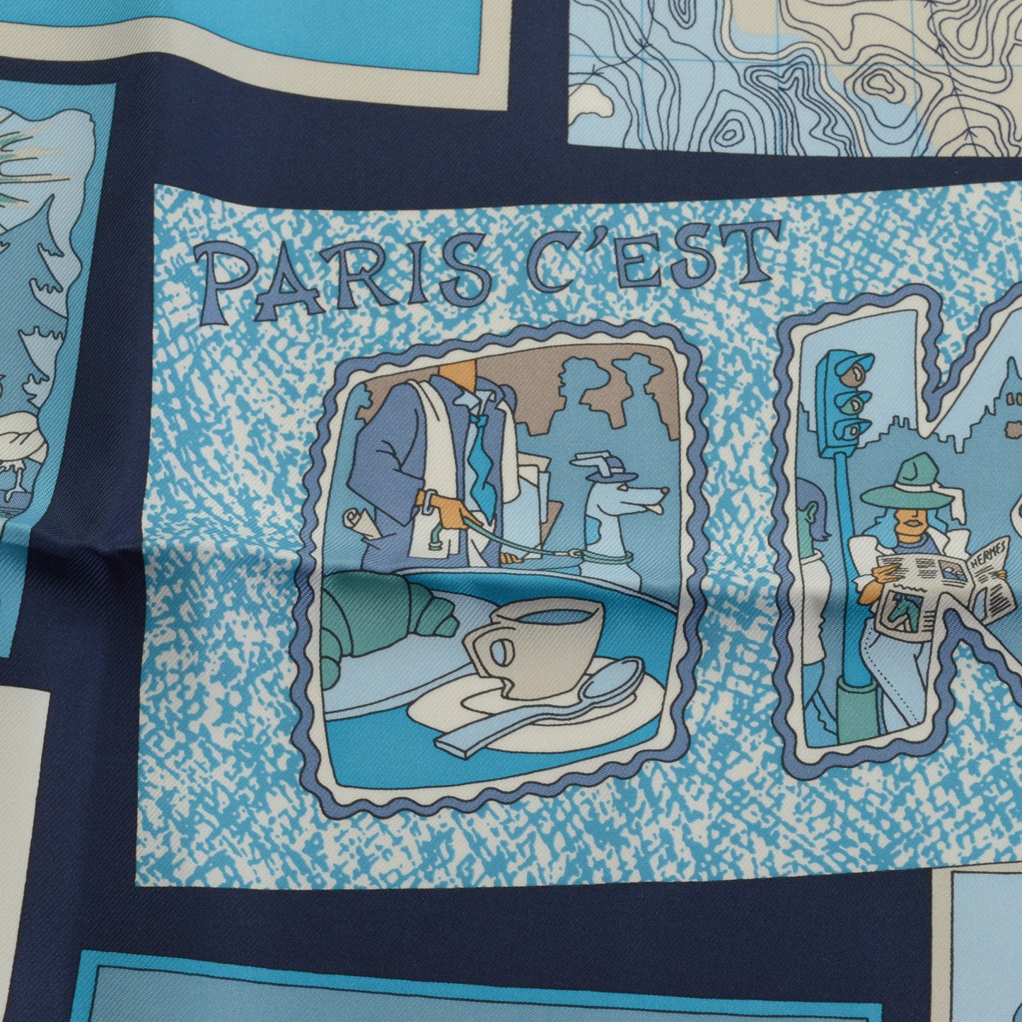RDC15608 HERMES Blue / Multi "Favoris des Lieux" 90 Silk Scarf