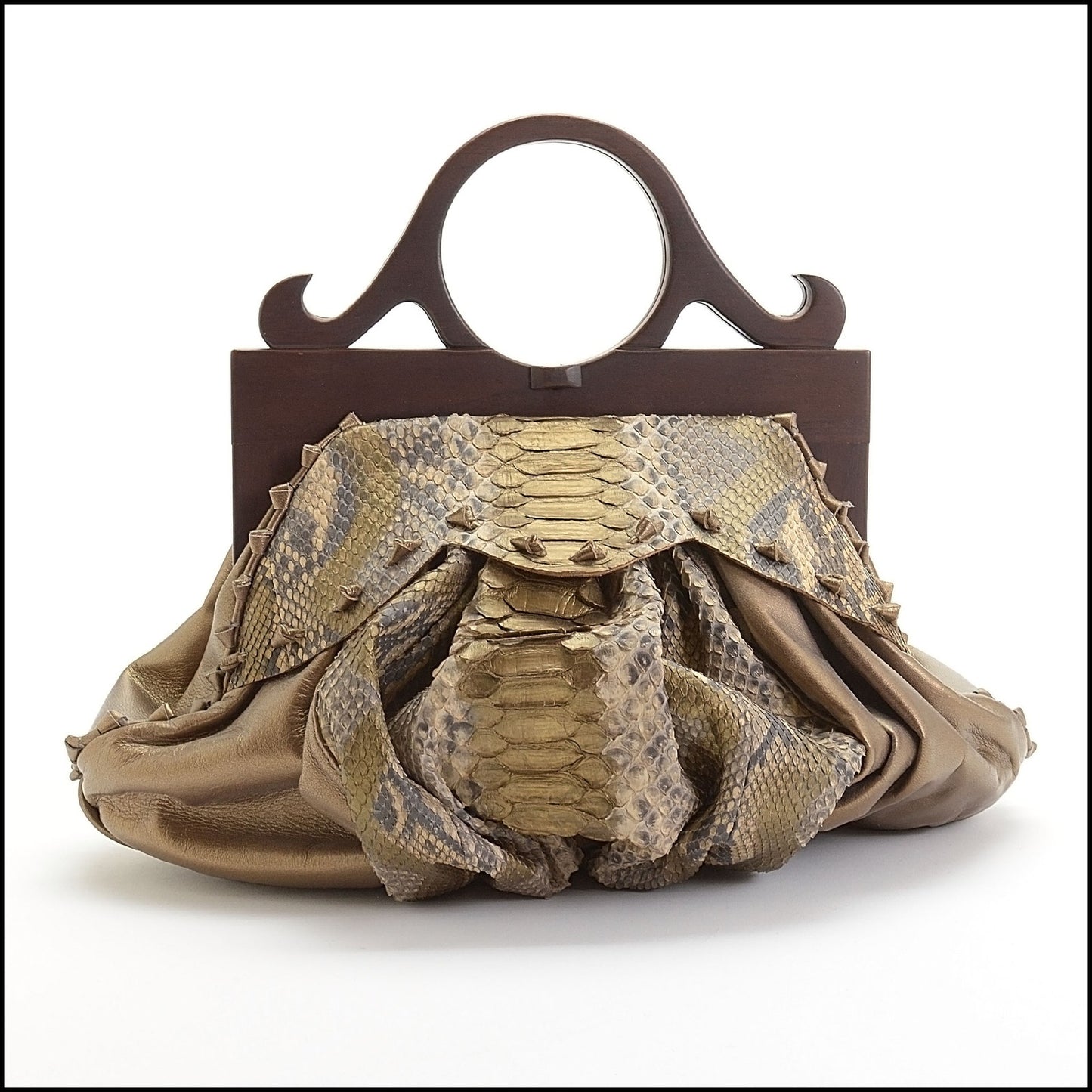 RDC14102 Authentic ANTHONY LUCIANO Bronze Leather Python Wood Handle Bag