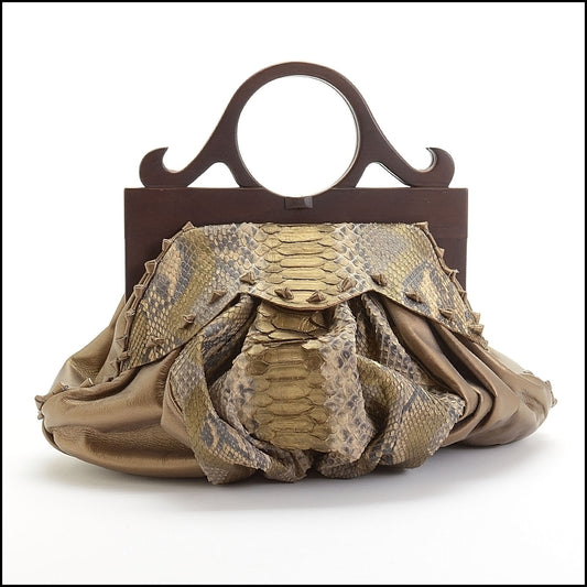 RDC14102 Authentic ANTHONY LUCIANO Bronze Leather Python Wood Handle Bag