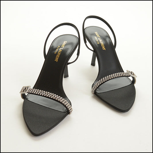 RDC15553 SAINT LAURENT Black Crystal Rendezvous Satin Crepe Sandals Size 36.5