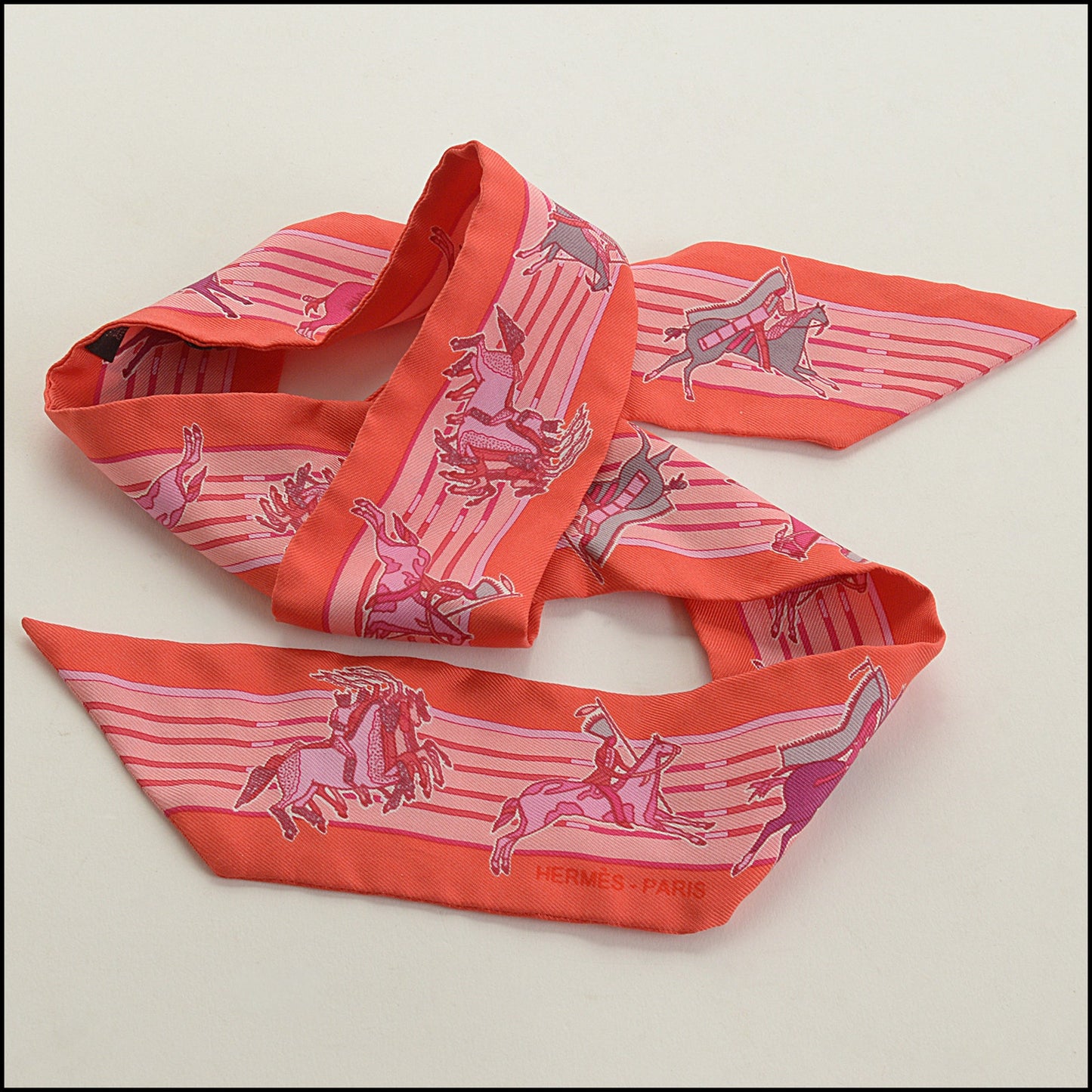 RDC15556 HERMES Orange/Pink "Pani La Shar Pawnee" Kermit Oliver Twilly Silk Ribbon Scarf