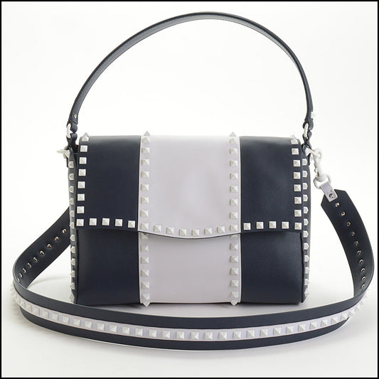 RDC14555 VALENTINO GARAVANI Navy Blue & White Colorblock Rockstud Flap Bag