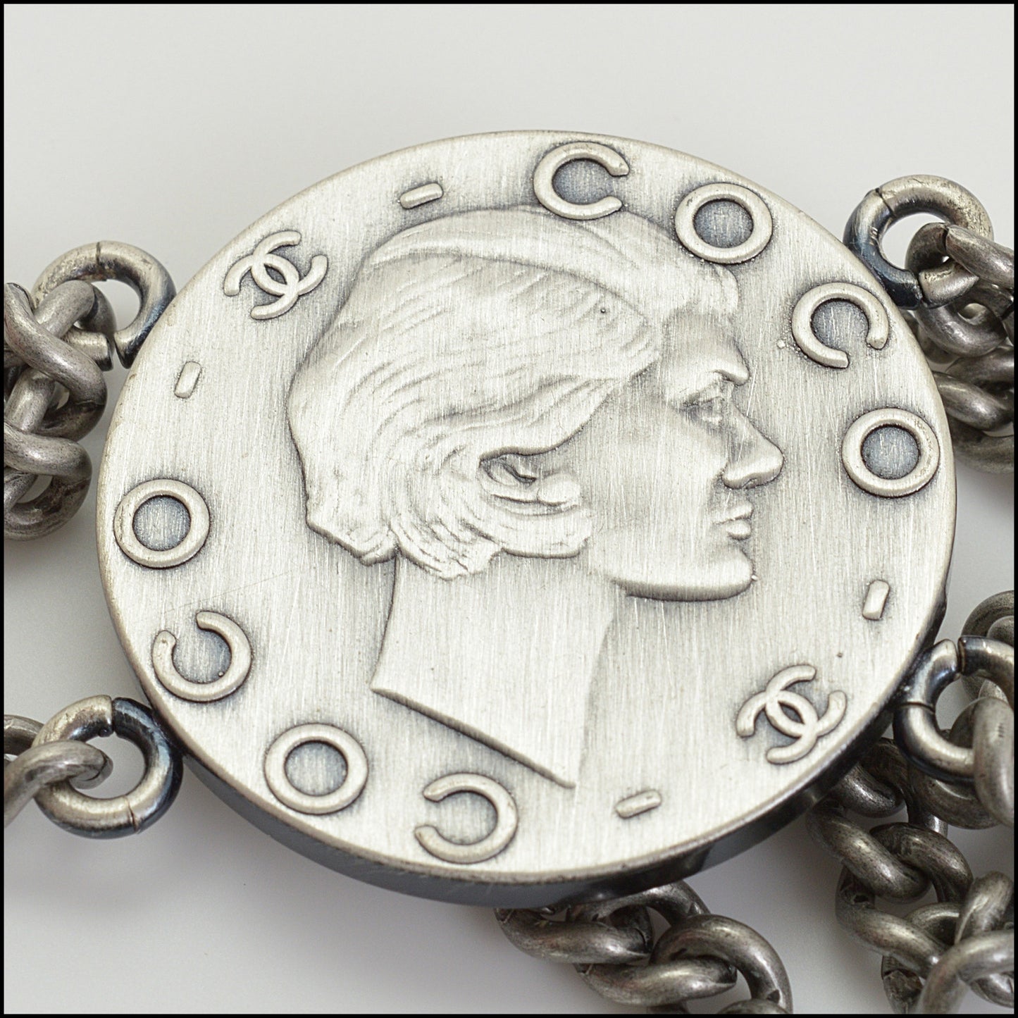 RDC14935 CHANEL Silver Medallion Chain Belt Size 90