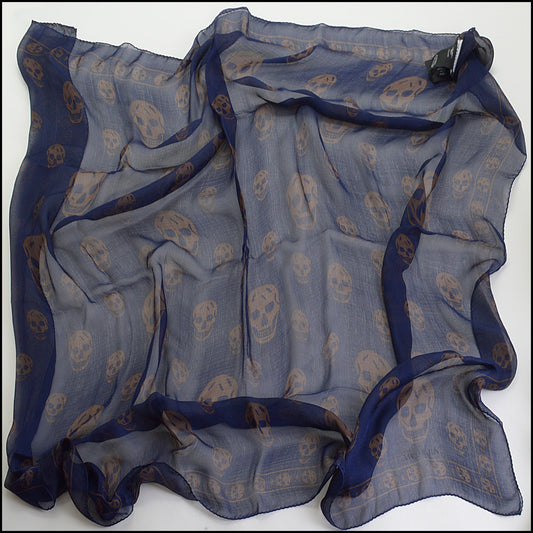 RDC14352 Authentic ALEXANDER MCQUEEN Blue/Brown 100% Silk Chiffon Skull Scarf