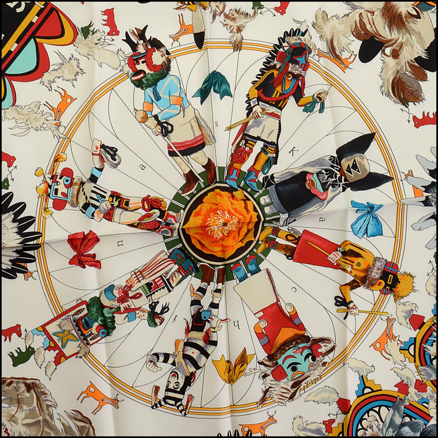 RDC14892 HERMES Vintage White/Multi "Kachinas" 90cm Scarf Kermit Oliver