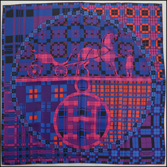 RDC14807 HERMES Blue/Pink Ex-Libris A Carreaux 90 Silk Scarf