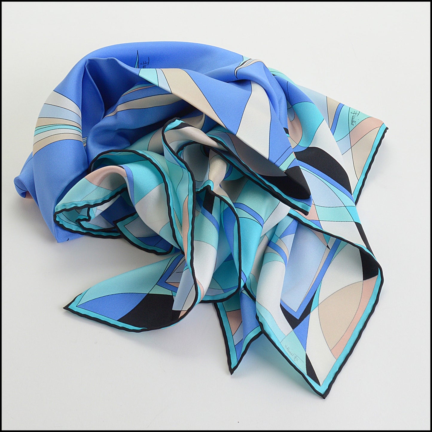 RDC14295 Authentic EMILIO PUCCI Blue/Turquoise/Black Curves Square Silk Scarf