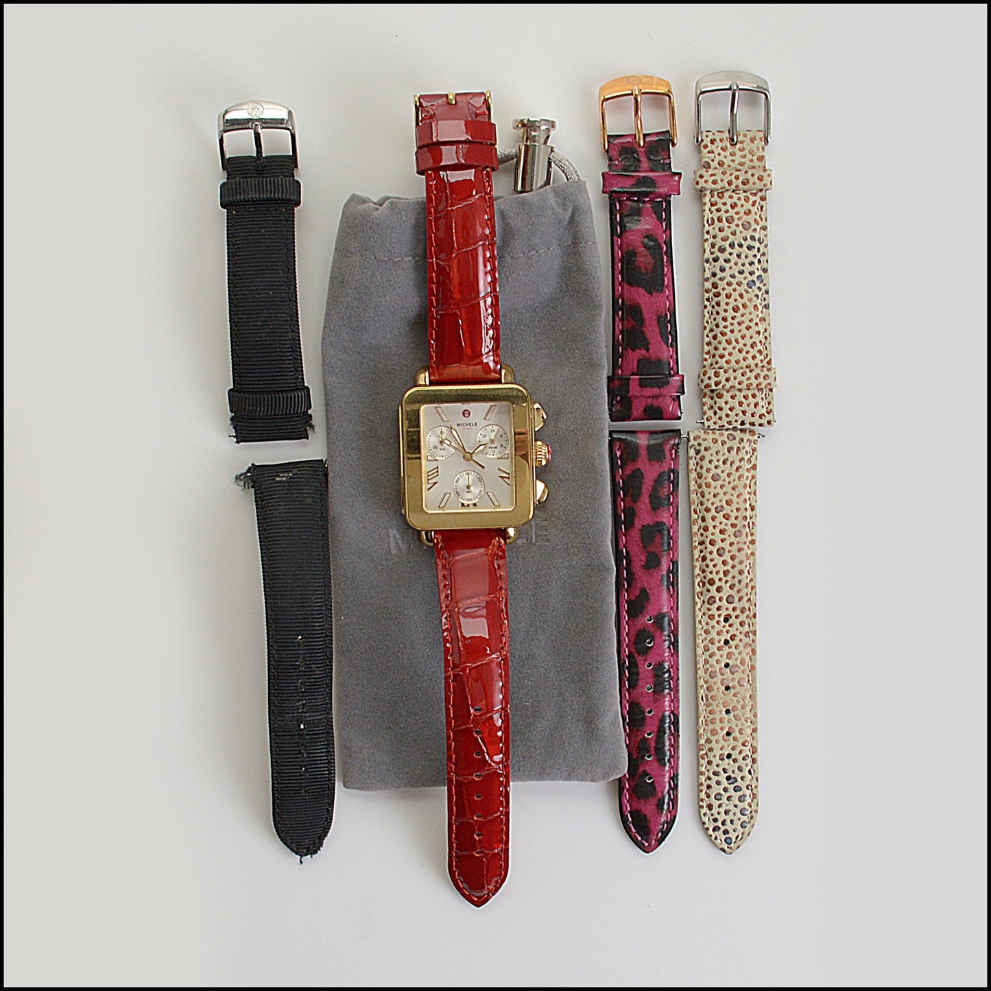 RDC14732 Michele Sport Gold Square Mop Face Deco Sport Watch w/ 3 Extra Bands