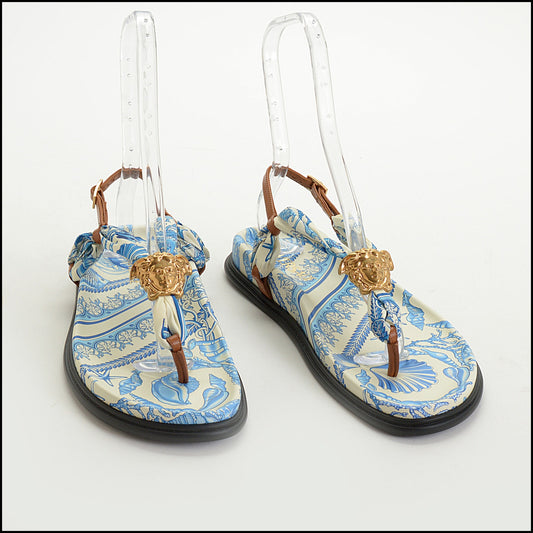 RDC14963 Authentic VERSACE Blue/White Underwater Barocco La Medusa Sandals Size 40