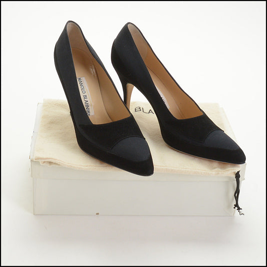 RDC14746 MANOLO BLAHNIK Black Suede & Faille Detail High Heel Pumps Size 37.5