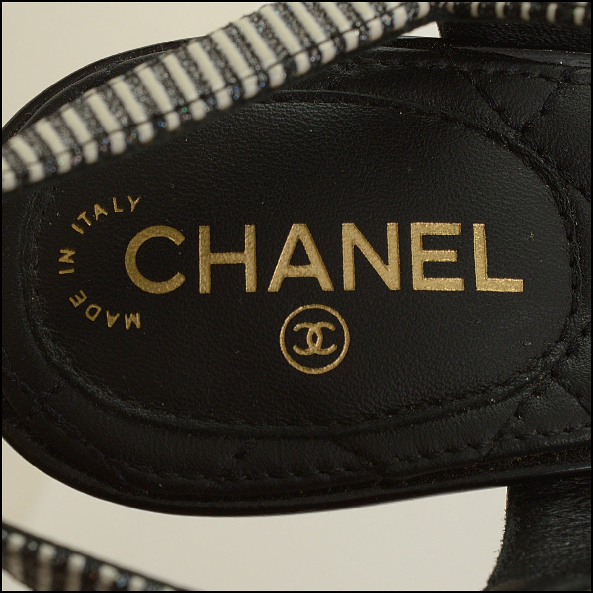RDC15634 CHANEL 2018 Black/Silver Striped Pearl Heel Sandals Size 35.5