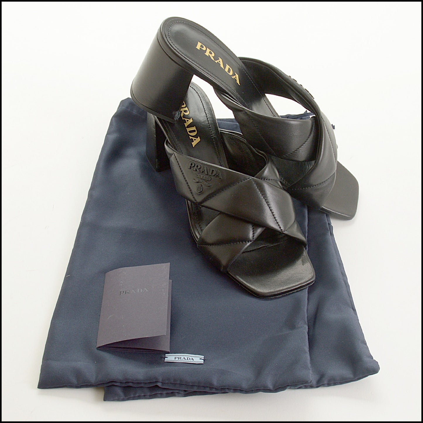 RDC15429 PRADA Black Criss-Cross Quilted Sandals with Block Heel Size 39.5